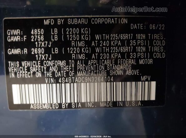 4S4BTADC9N3264104 2022 SUBARU OUTBACK Blue ძრავის განყოფილების ხედი
