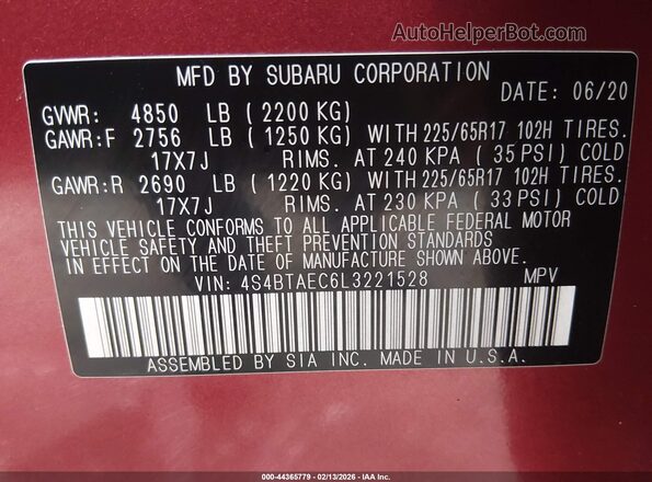 4S4BTAEC6L3221528 2020 SUBARU OUTBACK Burgundy ძრავის განყოფილების ხედი