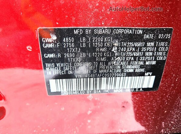 4S4BTAFC0S3220663 2025 SUBARU OUTBACK Красный Вид наклейки с VIN-кодом