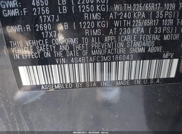 4S4BTAFC3M3186043 2021 SUBARU OUTBACK Серый Вид подкапотного пространства