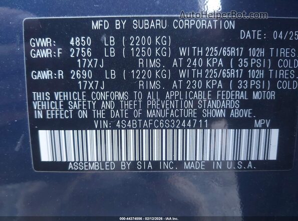 4S4BTAFC6S3244711 2025 SUBARU OUTBACK Dark Blue Widok komory silnika