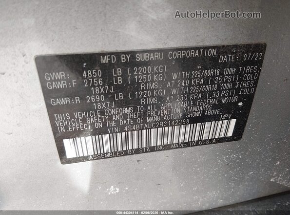 4S4BTALC2R3142398 2024 SUBARU OUTBACK Серебряный Вид подкапотного пространства