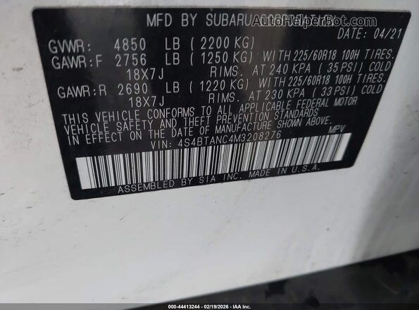 4S4BTANC4M3208276 2021 SUBARU OUTBACK Белый Вид подкапотного пространства