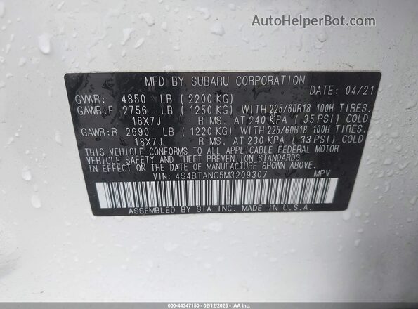 4S4BTANC5M3209307 2021 SUBARU OUTBACK Белый Вид подкапотного пространства