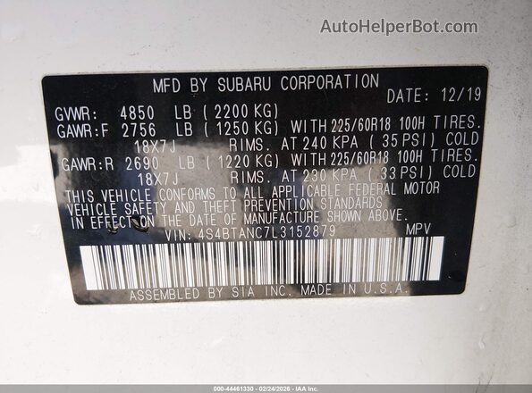 4S4BTANC7L3152879 2020 SUBARU OUTBACK Белый Вид подкапотного пространства