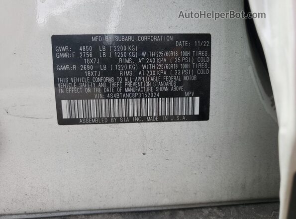 4S4BTANC8P3152024 2023 SUBARU OUTBACK White Widok naklejki z numerem VIN