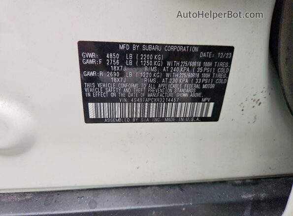 4S4BTAPCXR3214457 2024 SUBARU OUTBACK Белый Вид наклейки с VIN-кодом