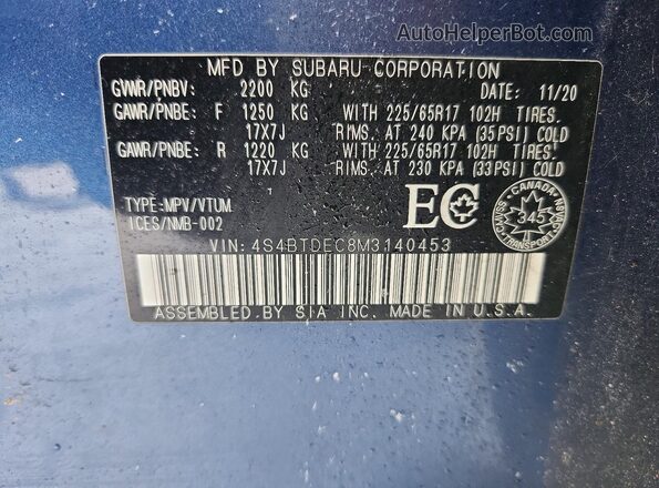 4S4BTDEC8M3140453 2021 SUBARU OUTBACK Синий Вид подкапотного пространства