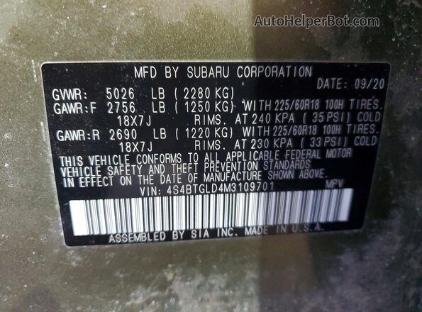 4S4BTGLD4M3109701 2021 SUBARU OUTBACK Green Widok naklejki z numerem VIN