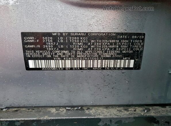 4S4BTGLD7R3156017 2024 SUBARU OUTBACK Silver Widok naklejki z numerem VIN