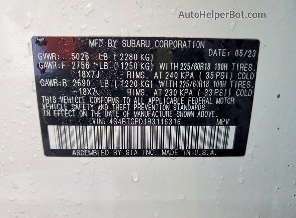 4S4BTGPD1R3116316 2024 SUBARU OUTBACK Белый Вид наклейки с VIN-кодом