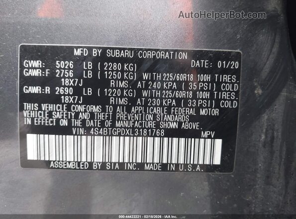 4S4BTGPDXL3181768 2020 SUBARU OUTBACK Серый Вид подкапотного пространства