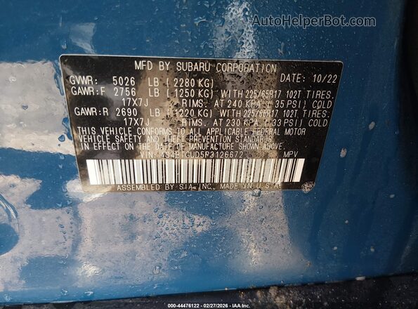 4S4BTGUD5P3126672 2023 SUBARU OUTBACK Blue Widok komory silnika