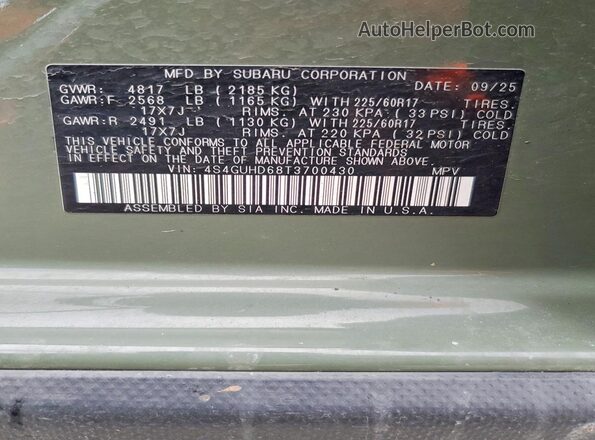 4S4GUHD68T3700430 2026 SUBARU CROSSTREK Зеленый Вид подкапотного пространства