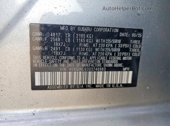 4S4GUHL63S3748983 2025 SUBARU CROSSTREK Серебряный Вид наклейки с VIN-кодом
