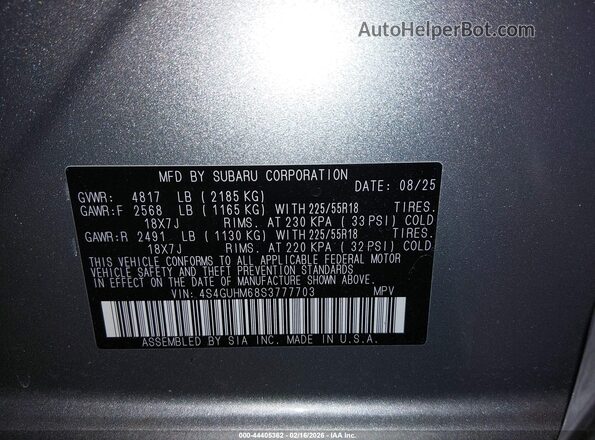 4S4GUHM68S3777703 2025 SUBARU CROSSTREK Серебряный Вид подкапотного пространства