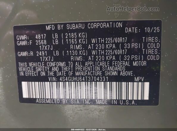4S4GUHU64T3704331 2026 SUBARU CROSSTREK Зеленый Вид подкапотного пространства