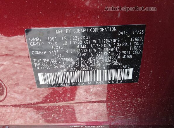 4S4SLDD68T3022719 2026 SUBARU FORESTER Красный Вид подкапотного пространства
