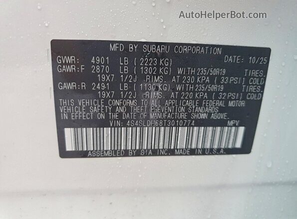 4S4SLDH68T3010774 2026 SUBARU FORESTER Белый Вид наклейки с VIN-кодом