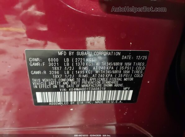4S4WMABD1T3408218 2026 SUBARU ASCENT Бордовый Вид подкапотного пространства