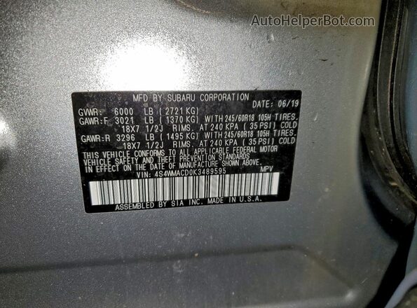 4S4WMACD0K3489595 2019 SUBARU ASCENT Silver VIN კოდის სტიკერის ხედი