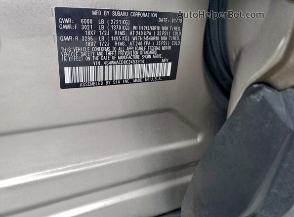4S4WMACD8K3453914 2019 SUBARU ASCENT Бежевый Вид наклейки с VIN-кодом