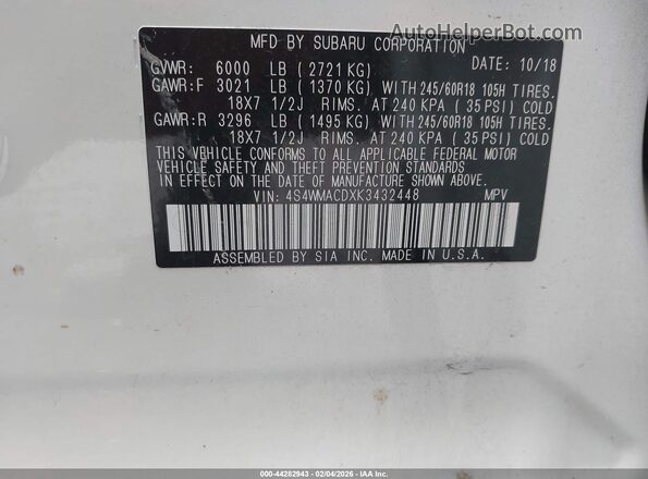 4S4WMACDXK3432448 2019 SUBARU ASCENT White Вид підкапотного простору