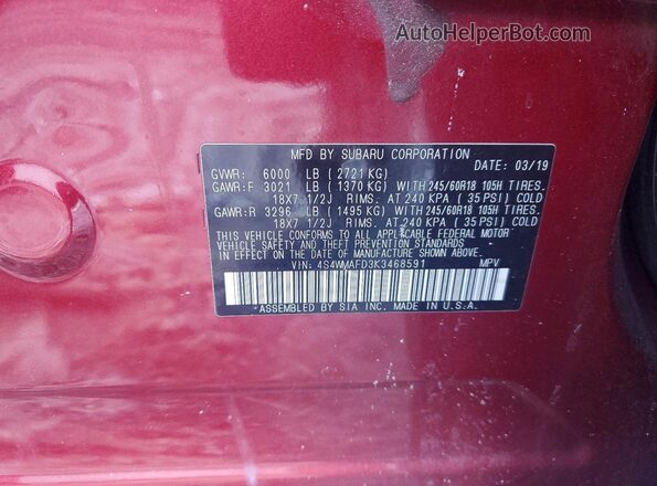 4S4WMAFD3K3468591 2019 SUBARU ASCENT Burgundy Widok naklejki z numerem VIN