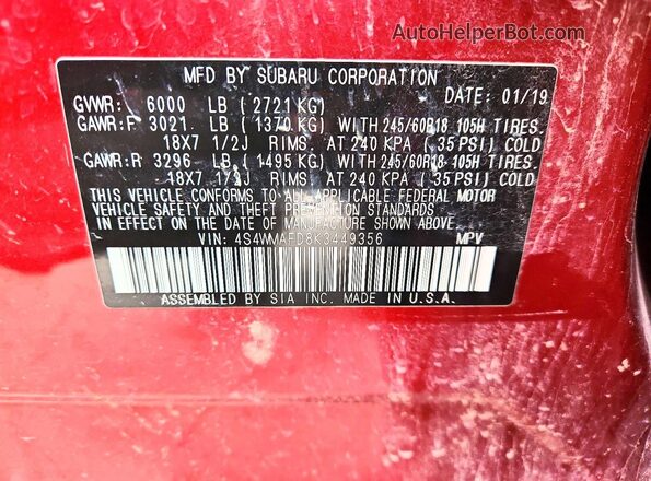 4S4WMAFD8K3449356 2019 SUBARU ASCENT Бордовый Вид наклейки с VIN-кодом