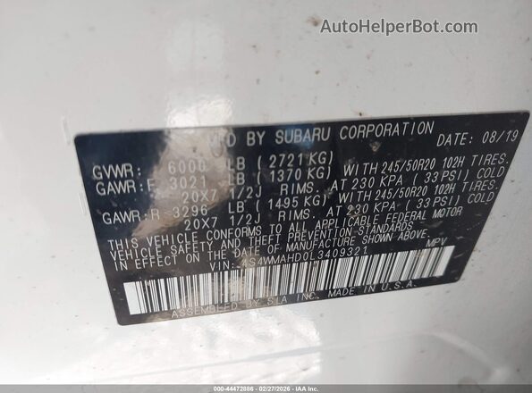4S4WMAHD0L3409321 2020 SUBARU ASCENT Белый Вид подкапотного пространства
