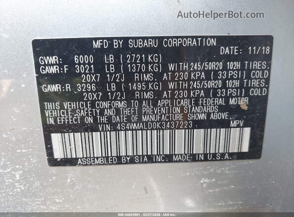 4S4WMALD0K3437223 2019 SUBARU ASCENT Silver Widok komory silnika
