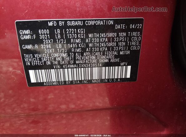 4S4WMALDXN3438514 2022 SUBARU ASCENT Красный Вид подкапотного пространства