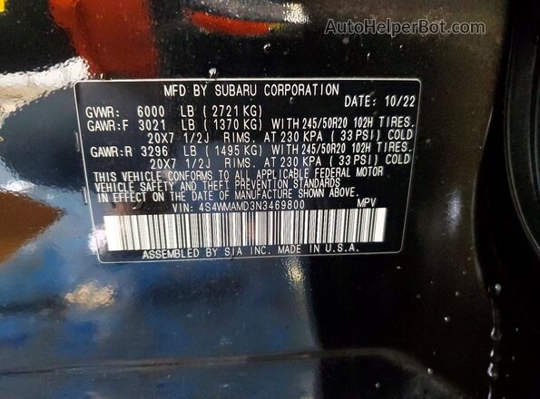 4S4WMAMD3N3469800 2022 SUBARU ASCENT Черный Вид наклейки с VIN-кодом