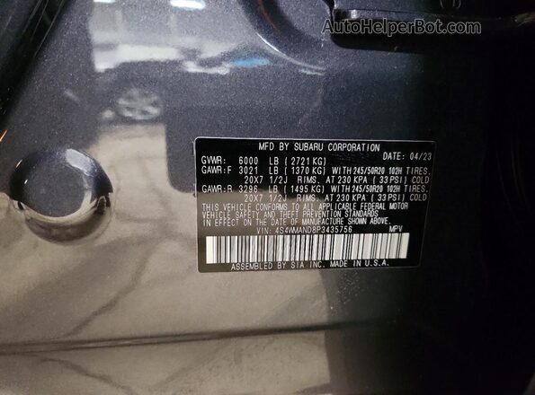 4S4WMAND8P3435756 2023 SUBARU ASCENT Gray Вид наклейки з VIN-кодом