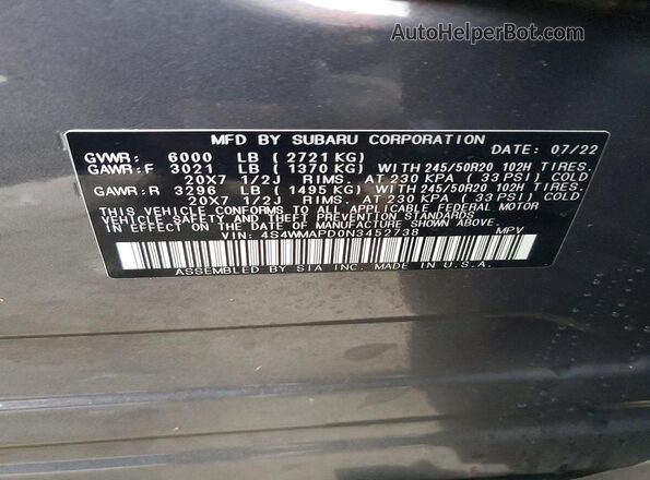 4S4WMAPD0N3452738 2022 SUBARU ASCENT Угольный Панорамный вид салона 360°