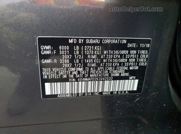 4S4WMAPD2K3442532 2019 SUBARU ASCENT Charcoal VIN sticker view