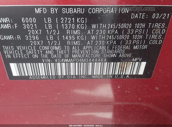 4S4WMAPD6M3444464 2021 SUBARU ASCENT Темно-бордовый Вид подкапотного пространства