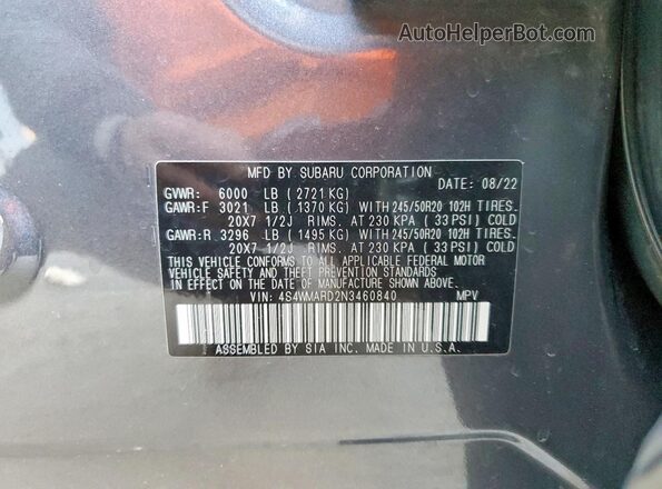 4S4WMARD2N3460840 2022 SUBARU ASCENT Charcoal Vista de la etiqueta del VIN