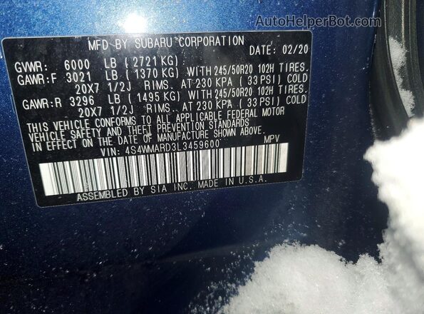 4S4WMARD3L3459600 2020 SUBARU ASCENT Синий Вид наклейки с VIN-кодом