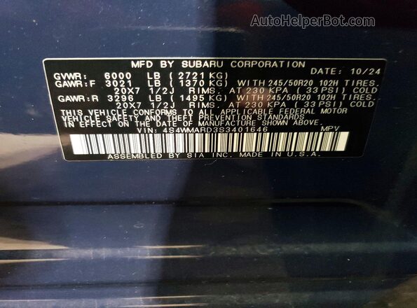 4S4WMARD3S3401646 2025 SUBARU ASCENT Blue Vista de la etiqueta del VIN