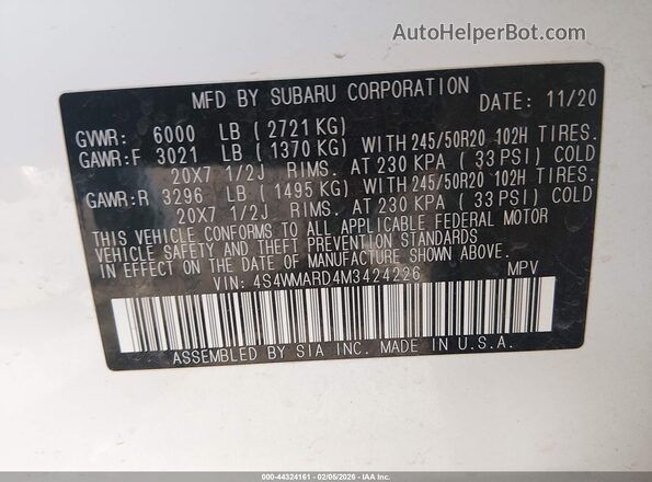 4S4WMARD4M3424226 2021 SUBARU ASCENT White Vista del compartimento del motor