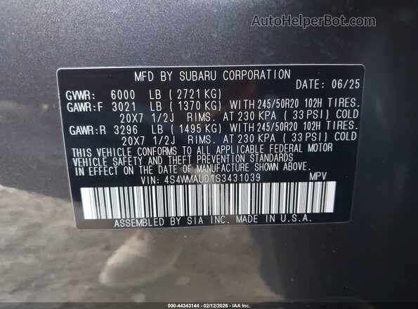 4S4WMAUD1S3431039 2025 SUBARU ASCENT Серый Вид подкапотного пространства