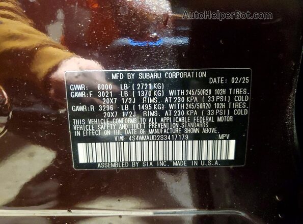 4S4WMAUD2S3417179 2025 SUBARU ASCENT Фиолетовый Вид наклейки с VIN-кодом