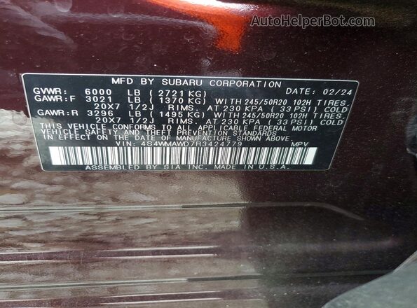 4S4WMAWD7R3424779 2024 SUBARU ASCENT Maroon Widok naklejki z numerem VIN