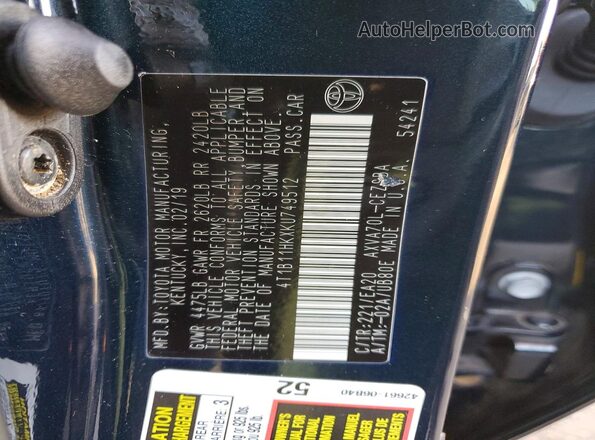 4T1B11HKXKU749512 2019 TOYOTA CAMRY Black Widok komory silnika