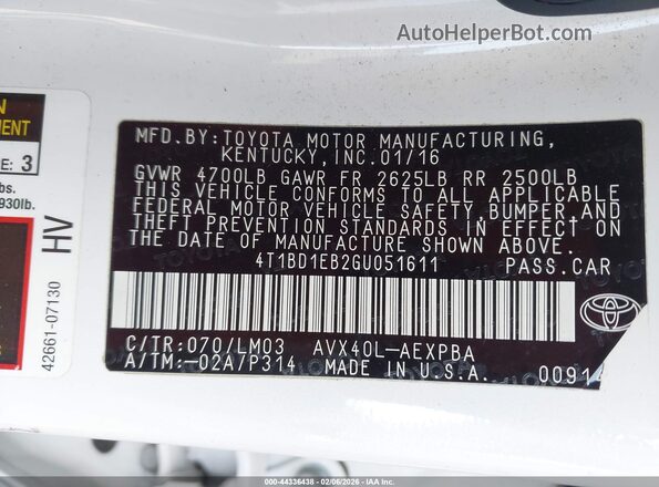 4T1BD1EB2GU051611 2016 TOYOTA LIMITED Белый Вид подкапотного пространства