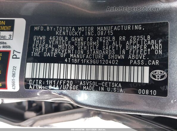 4T1BF1FK9GU120402 2016 TOYOTA CAMRY Серый Вид подкапотного пространства