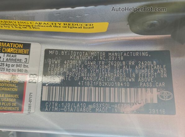 4T1BZ1FB2KU018410 2019 TOYOTA LE Серый Вид подкапотного пространства