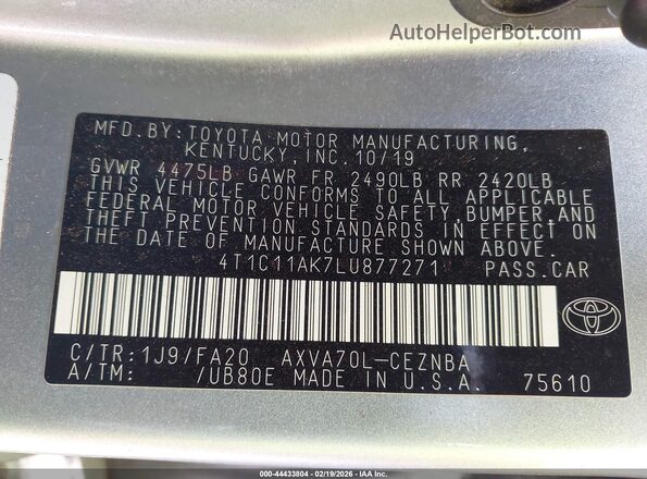 4T1C11AK7LU877271 2020 TOYOTA LE Серебряный Вид подкапотного пространства