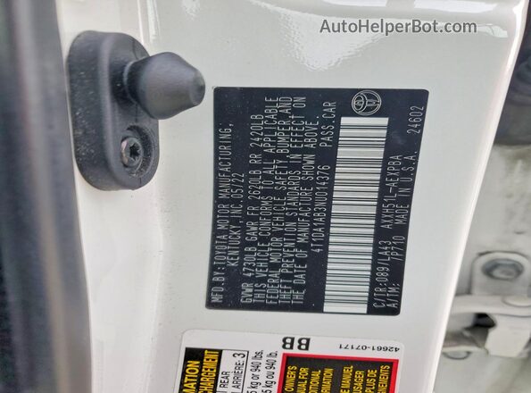 4T1DA1AB3NU014376 2022 TOYOTA LIMITED White Widok naklejki z numerem VIN